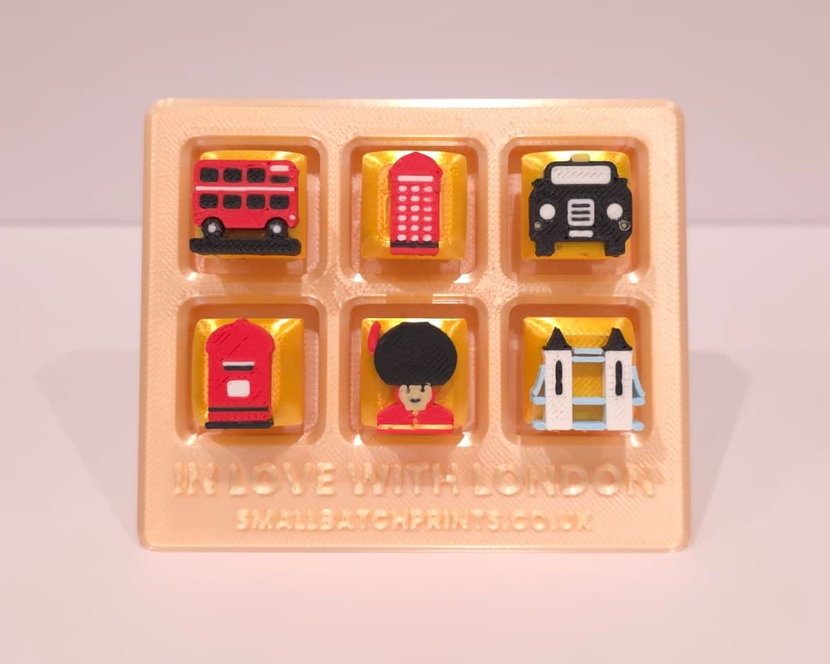 The In Love with London display board with the bus, a phone box, a black cab, a post box, a King's Guard and Tower Bridge on its six gold keys